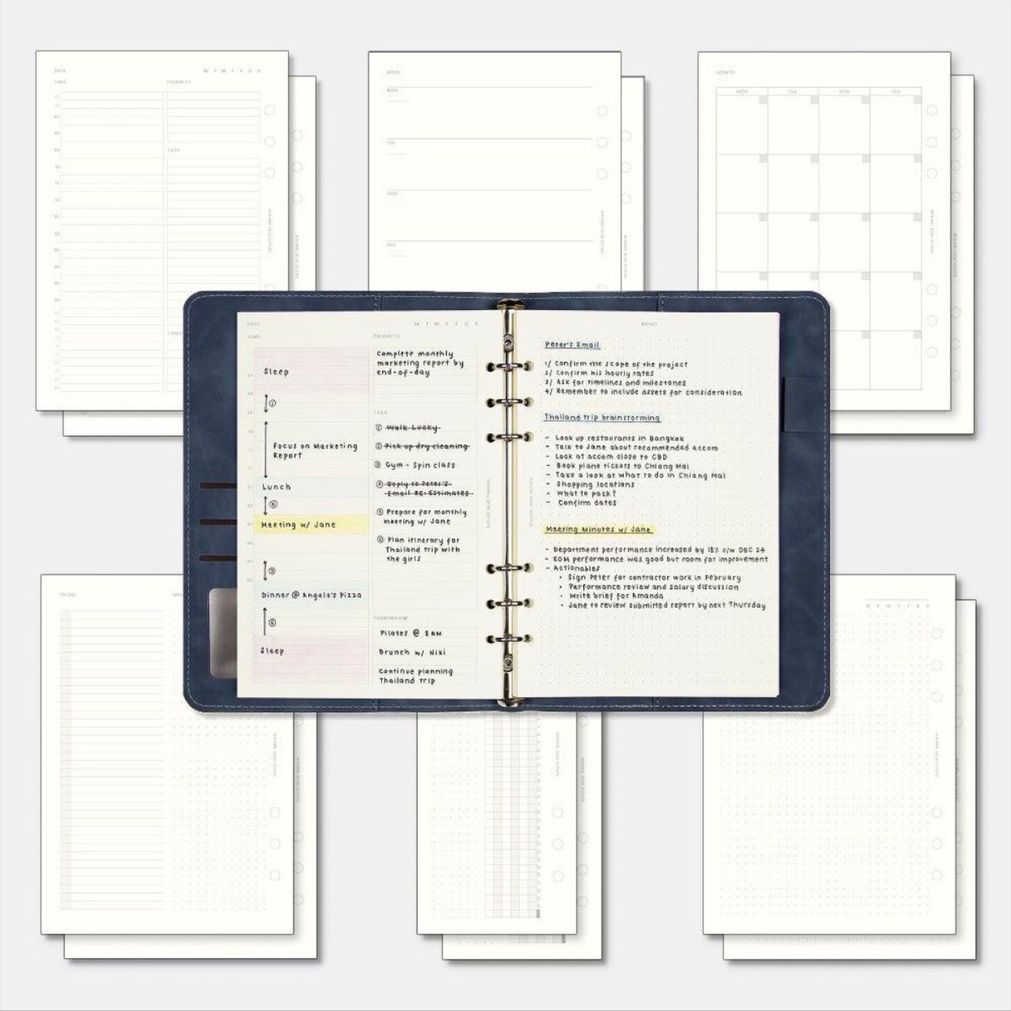 An open leather planner laid out as an elegant daily planning system.